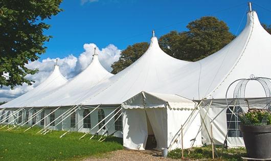 a line of sleek and modern portable toilets ready for use at an upscale corporate event in Woodville